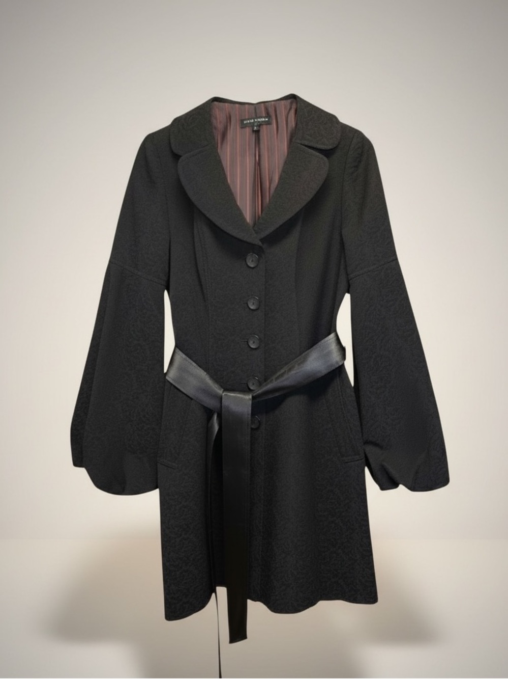 Mario Serrani Italy Black Brocade Balloon Sleeve Coat Dress Lined Belted Size 8